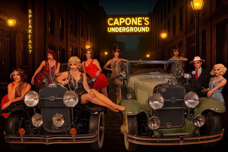 Capone's Underground Speakeasy - charcters on cars from the era of Al Capone