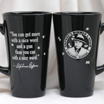 Tall coffee mug with Al Capone quote imprinted on one side and Capone's logo on other side.